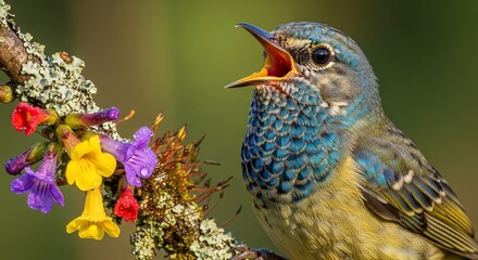 Close-up of a colorful bird singing near dew-kissed flowers on a lichen-covered branch