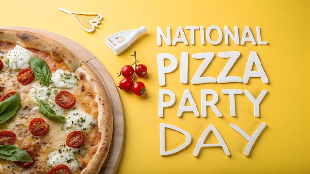 Delicious pizza with national pizza party day text on yellow background