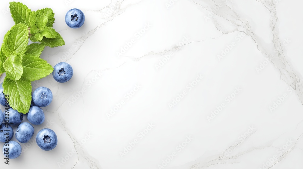 Poster fresh blueberries and vibrant mint leaves arranged on a smooth marble surface, creating a visually a