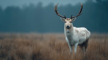 Majestic white fallow deer standing in a tranquil, grassy environment