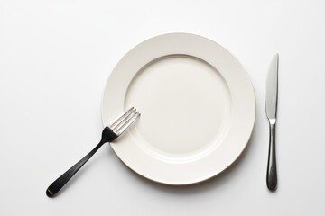Empty plate with fork and knife on white background for restaurant and food concept