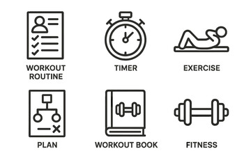 Fitness icon set with workout routine, timer, exercise, plan, workout book, and dumbbells
