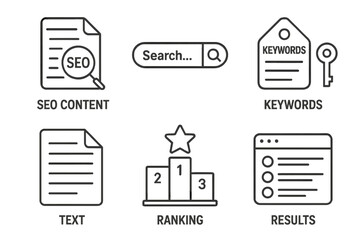 Seo content and keyword strategy icons for effective online ranking