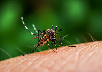 Fototapeta premium Close-Up of Aedes Mosquito Biting Human Skin with Green Natural Background