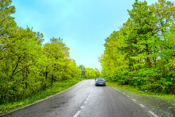 Red car driving on the panoramic road landscape in summer. Nature landscape on highway for summer vacation travel. Forest road scene on beautiful nature panorama trip in Europe. Car drive on mountain.