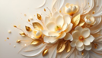 Elegant floral arrangement with golden leaves and delicate petals creates a luxurious and romantic ambiance