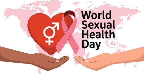 World Sexual Health Day: Hands holding heart with gender symbols and pink ribbon