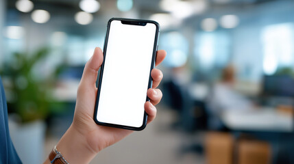 Mockup of Woman Holding Smartphone with Blank Screen in Office