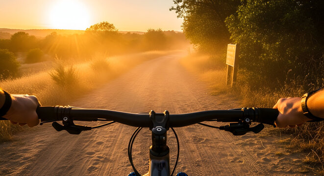 First Person Perspective Mountain Biking During Golden Hour On A Dusty Trail