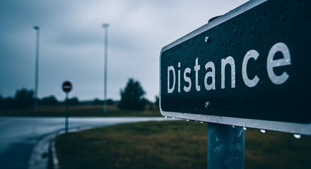 Focus On Distance Sign Amidst Rain Creates A Sense Of Isolation And Journey