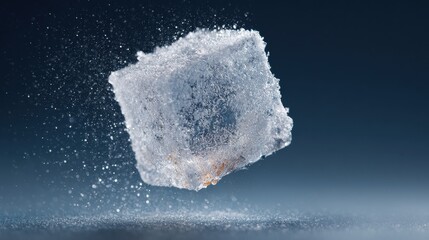 Ice Cube Suspended In Mid-Air With Water Droplets. Captures The Essence Of Freshness And Coolness
