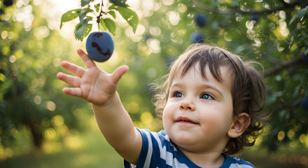 A child reaching for a plum