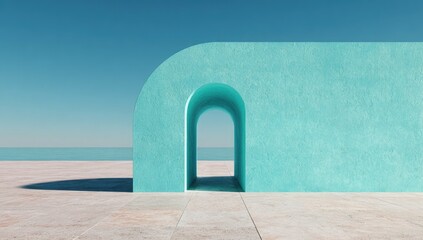 Naklejka premium Teal archway on a light beige platform, overlooking a placid ocean