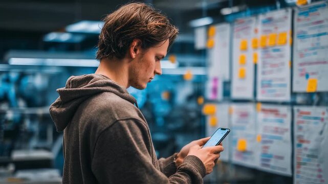 Side profile of a tester executing manual test cases on a mobile device inside a tech lab surrounded by software documentation and defect logs.