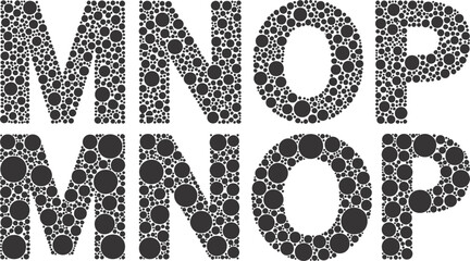 Vector art of letters m, n, o, p composed of circles on black and white backgrounds, isolated on white background