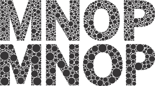 Vector art of letters m, n, o, p composed of circles on black and white backgrounds, isolated on white background