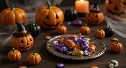 Colorful mini pumpkins and sweets arranged for Halloween decor