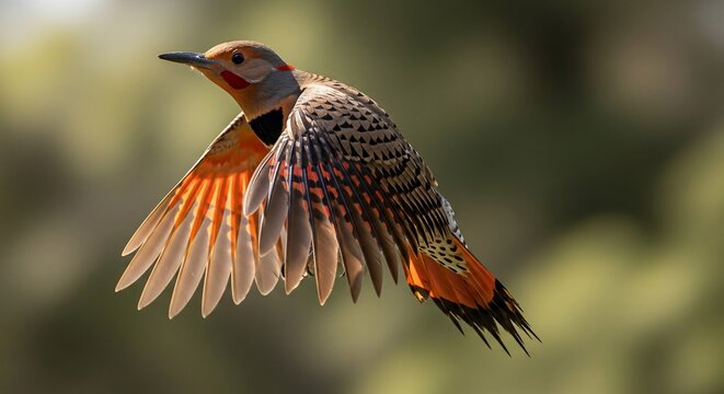 Close-up of a Northern Flicker woodpecker in flight, showcasing vibrant orange wing feathers and intricate plumage detail against a soft green bokeh background.