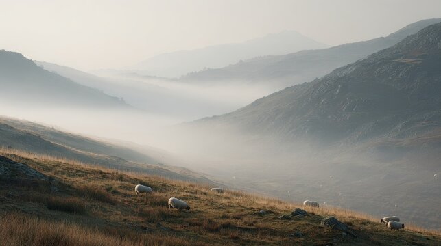Sheep Grazing On Misty Mountain Landscape At Dawn. Serene Pastoral Scene With Rolling Hills And Fog