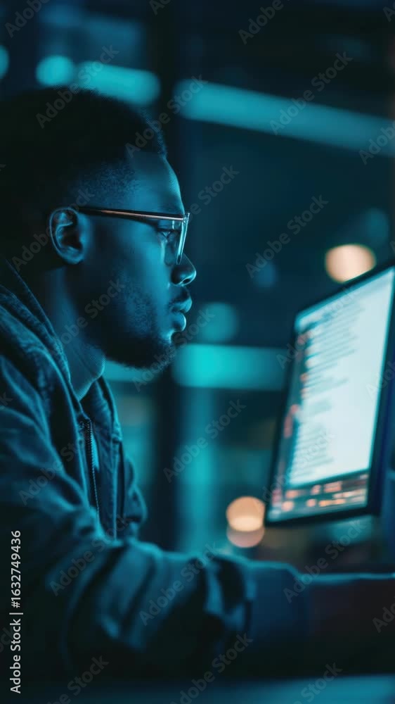 Poster person focused on computer screen with multiple monitors, indicative of a complex cyber defense or d