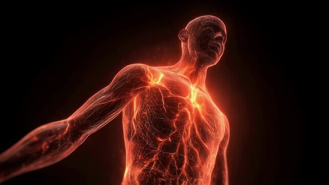 Timelapse style graphic of systemic heat buildup in human body highlighting escalating core temperature and muscle hyperactivity.