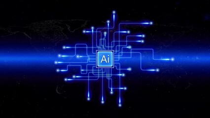 Glowing A I Circuit Board on Dark World Map Background