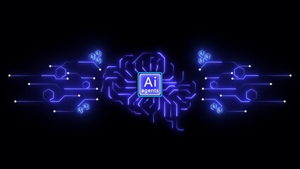 Glowing blue A I brain circuit with A I agents AI artificial intelligence technology