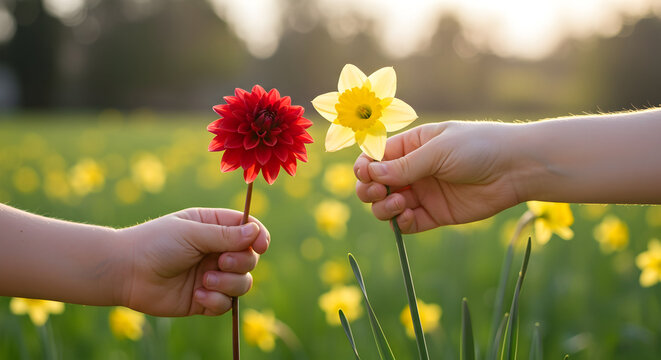 A child's hand gently holding a single red Dahlia, against a blurred summer meadow background. Conveying