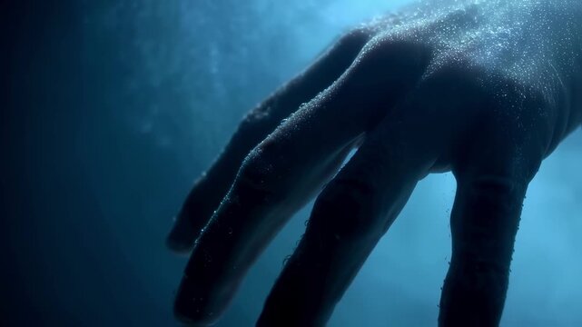 Slowmotion footage of hand submerging in frigid water skin rapidly shifting to icy blue tone.