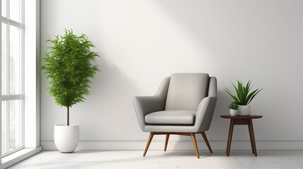 Interior with Armchair, Plants, and Side Table in a Bright Room
