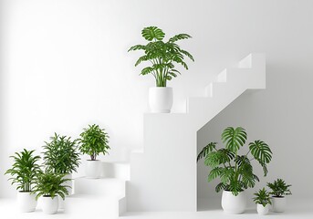 Fototapeta premium Modern interior design featuring lush green houseplants arranged on minimalist white stairs and floor