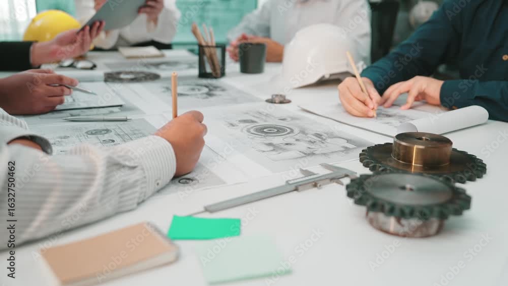 Aufkleber a collaborative workshop scene featuring engineers engaged in discussions over mechanical designs an