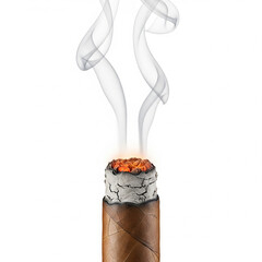 premium cigar with lit burning end and soft smoke isolated on white background