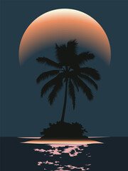 Dark silhouette of palm tree on island in the middle of sea with full moon and moonlight reflections on water. Vector illustration in orange and blue tones. For Create magical night scenes