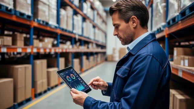 Logistics manager analyzing shipment data on digital tablet in warehouse