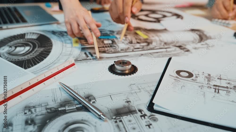 Aufkleber a collaborative workspace featuring detailed technical drawings and engineering schematics. hands ac