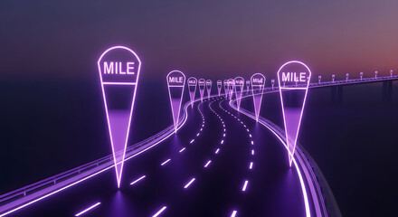 Glowing Roadway With Mile Markers Representing Distance Travelled Over Time