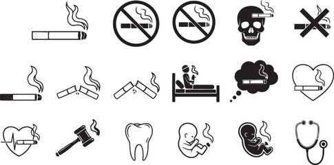Vector art of set of smoking related icons and symbols for health and danger, isolated on white background