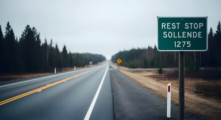 Highway View With Signage To Sollende Rest Stop And Distance Marker