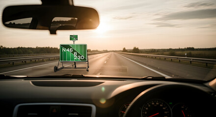 Highway View Through Windshield At Sunset And Green Information Signage Ahead