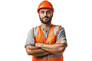 Construction professional with protective gear arms folded transparent