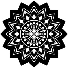 Vector art of a complex black and white mandalalike pattern with detailed geometric elements and radiating symmetry, suggesting a stylized flower or starburst, isolated on white background