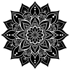 Vector art of elegant black and white mandala flower isolated on white background, showcasing a decorative geometric ornamental pattern with intricate symmetry and floral details