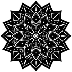 Vector art of detailed black and white mandala flower isolated on white background, featuring a geometric ornamental pattern with intricate symmetry and decorative floral elements