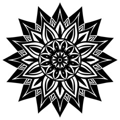 Vector art of complex geometric mandala pattern in black and white, featuring sharp pointed petals and intricate central design, isolated on white background