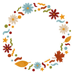 Round flower wreath, frame with simple flowers, leaves, and confetti, painted in autumn colors with watercolors. Festive autumn template