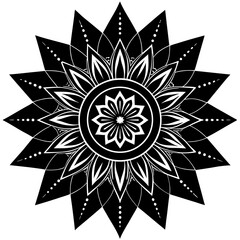 Vector art of intricate black and white mandala pattern with floral and geometric elements, isolated on white background