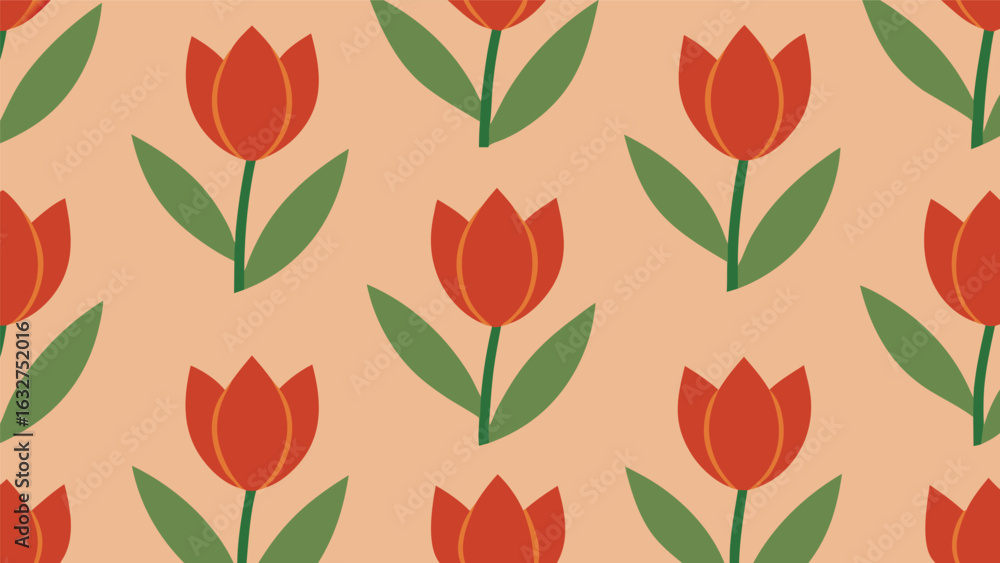 Aufkleber repeating pattern of stylized red tulips on a peach colored background design