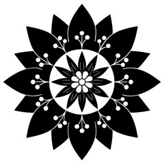 Vector art of stylized black floral mandala isolated on white background, showcasing geometric symmetry and decorative elements with a central flower motif, ideal for artistic projects
