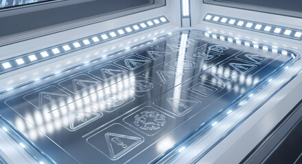 Holographic Display With Safety Icons For Data Processing In A Futuristic Room